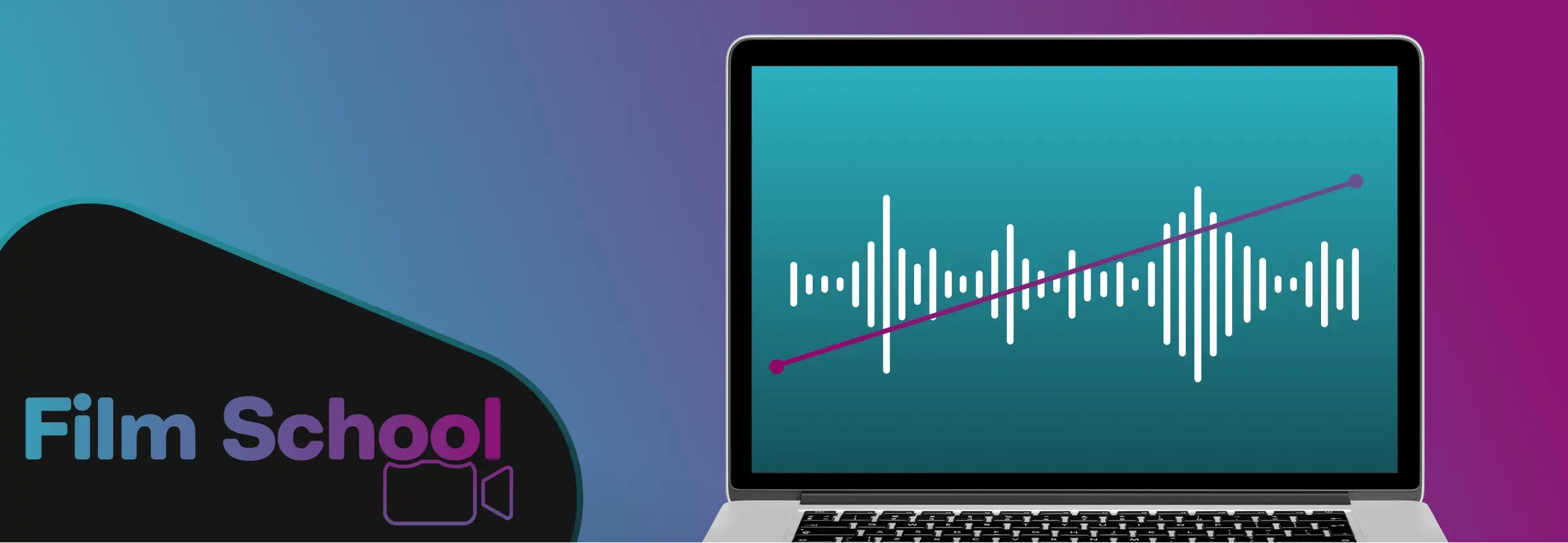 Audio levels graphic on open laptop. WeVideo Film School graphic in bottom left corner.